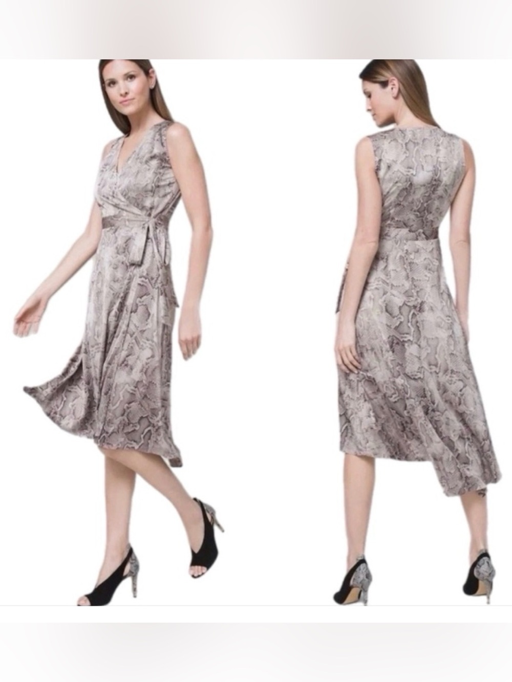 White House Black Market Taupe Faux-Snake Print Wrap Midi Dress